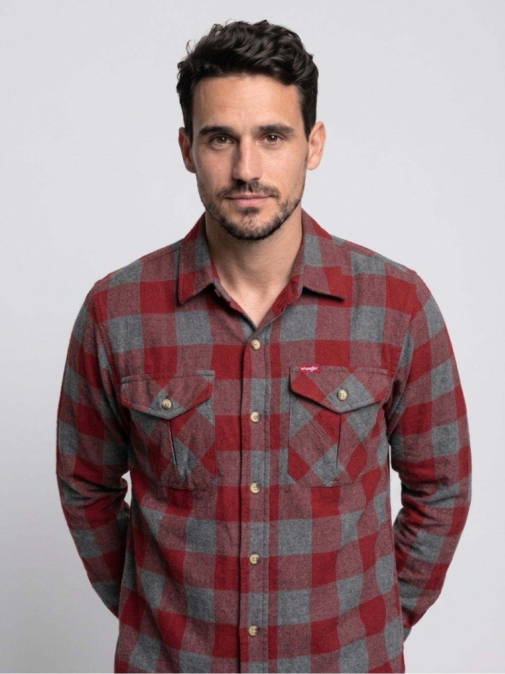 Wrangler Red and Gray Plaid Button-Front Flannel Shirt